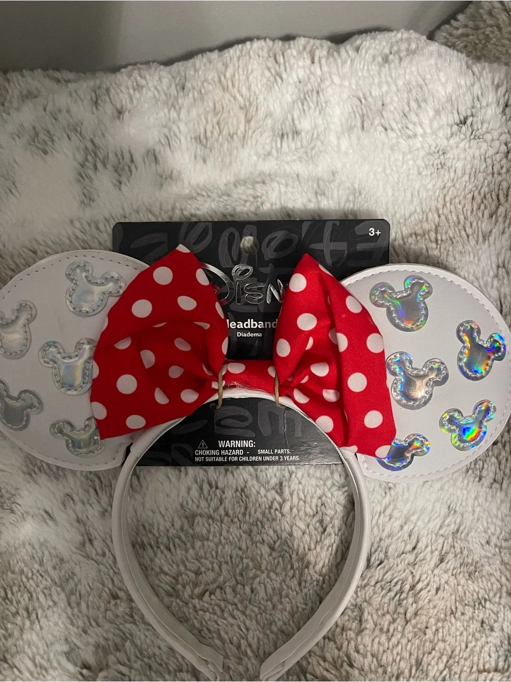 Disney White Minnie Ear Headband with Red Polka Dot Bow